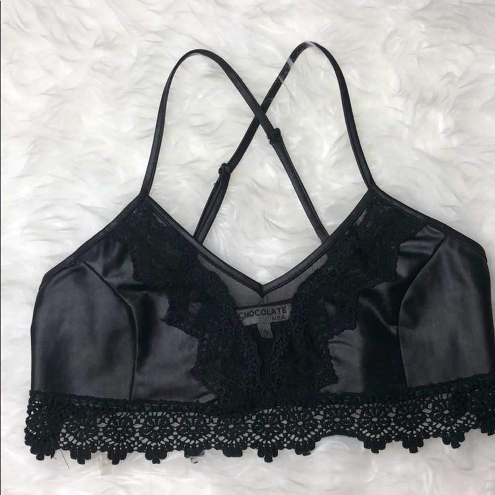 Black leather and lace crop top/bralette